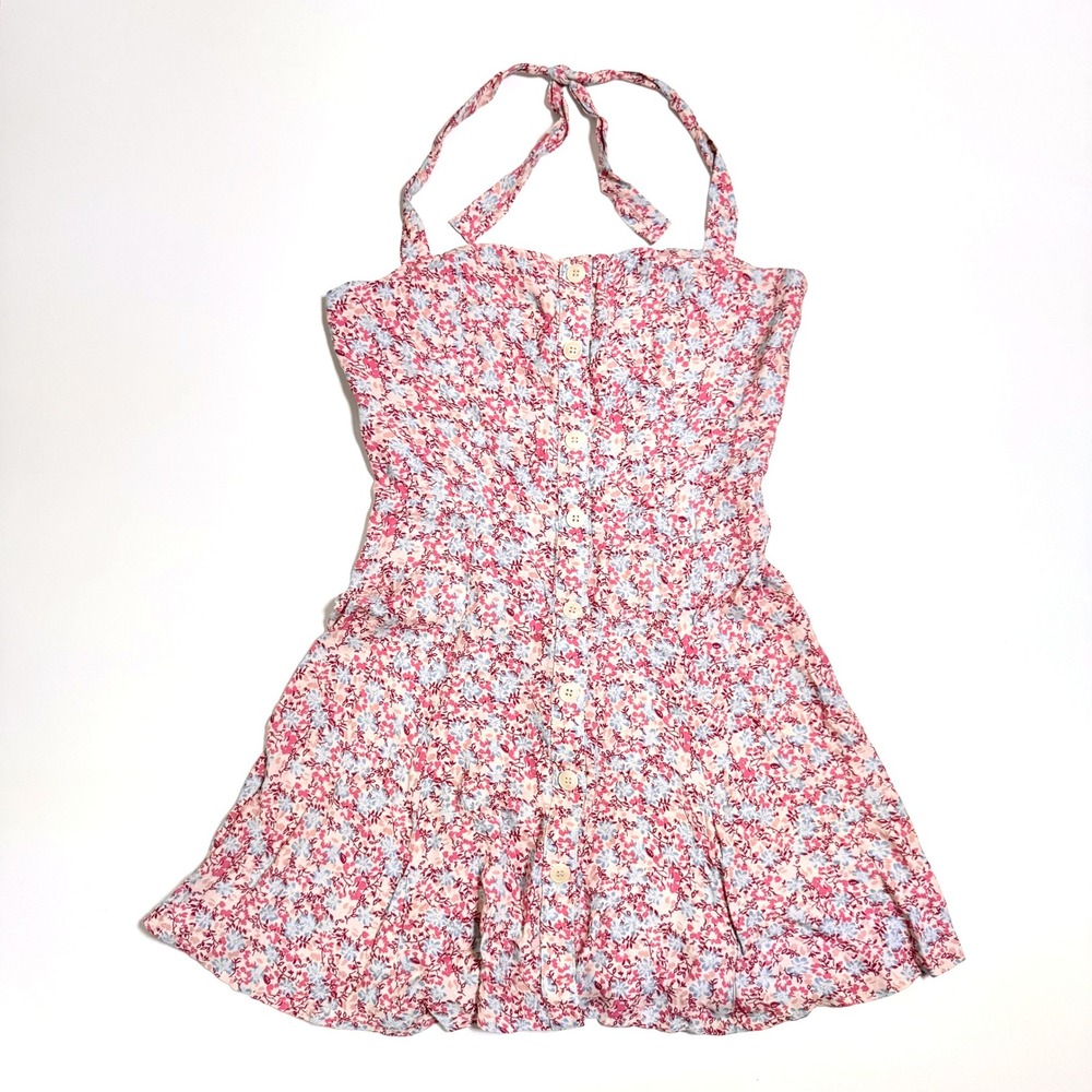 Reformation Halter Dress 0 Pink Blue Floral Button Front Mini Sundress
